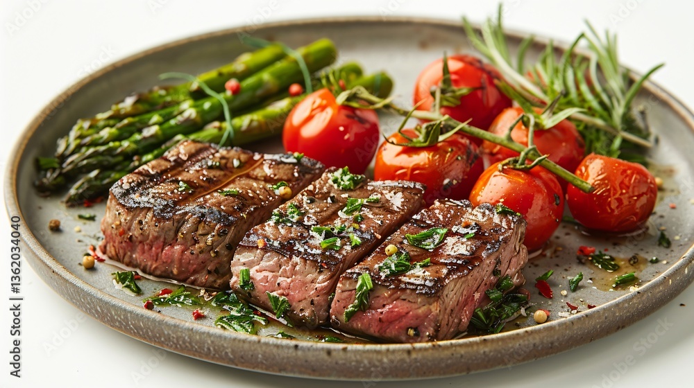A plate of steak with asparagus and tomatoes A plate of steak with asparagus and tomatoes