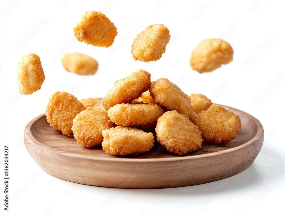 Chicken Nuggets on Wooden Plate with Flying Nuggets on White Background Chicken Nuggets on Wooden Plate with Flying Nuggets on White Background