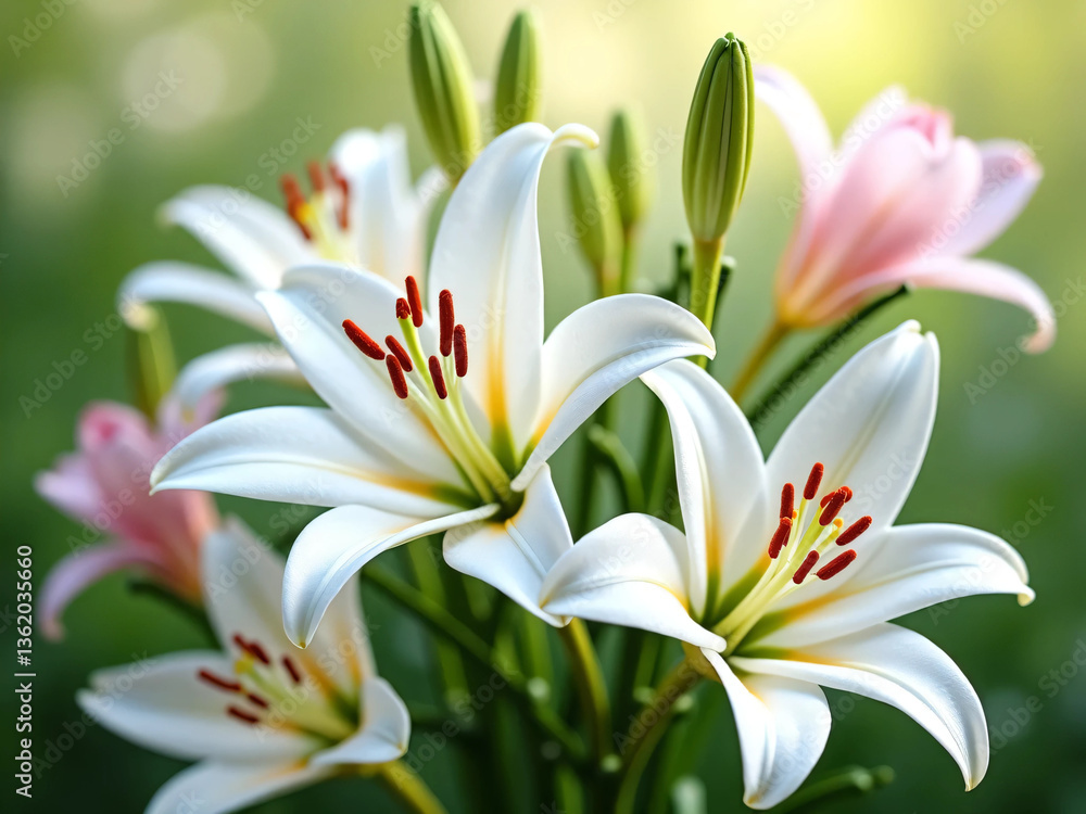 Fototapeta premium White lilies. Green nature background.