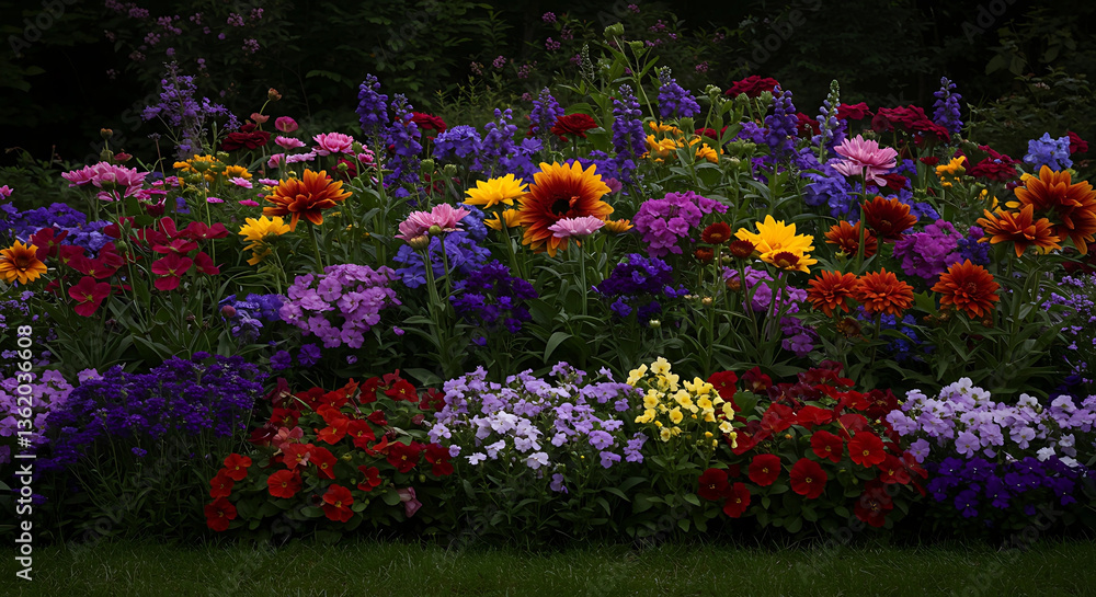 Obraz premium A vibrant flowerbed filled with colorful blooming flowers