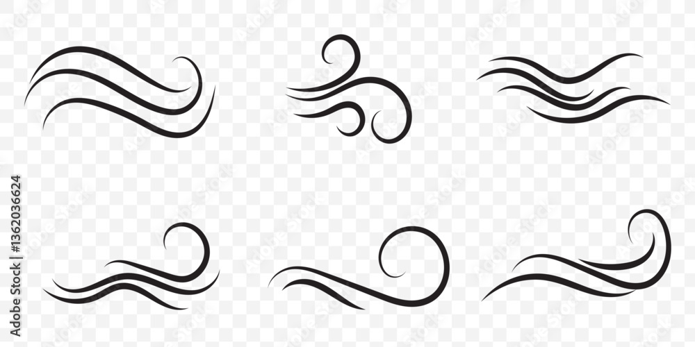 Fototapeta premium Wind icSet wind blow line icon. Blowing wind outline icons. Windy weather symbol, logo - vectoron set on Transparent Background. EPS 10.