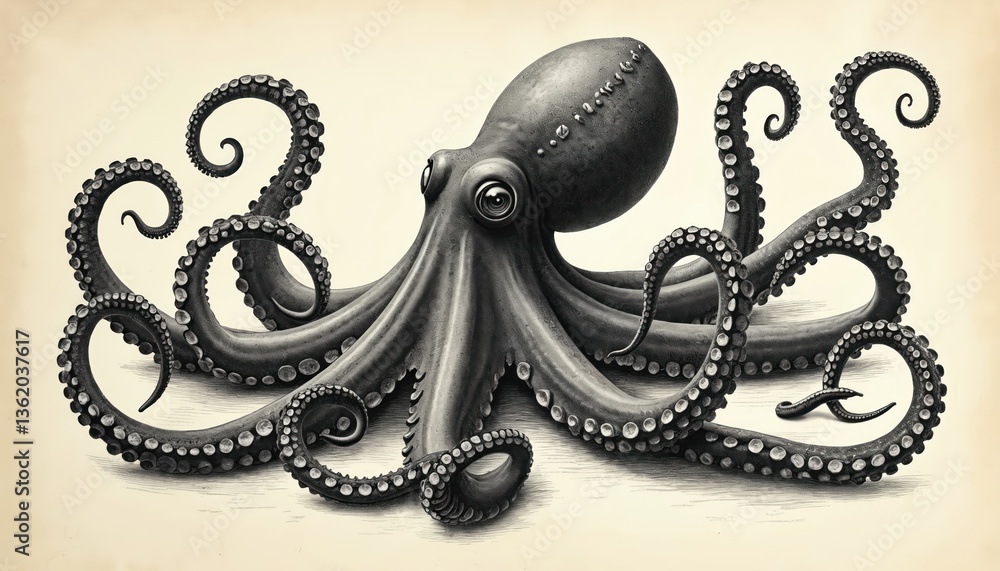 Obraz premium Vintage octopus illustration. Hand drawn squid engraved ocean animal. Detailed etching octopus visual artwork. Marine animal, tentacle, marine life, retro black-and-white artistic design.