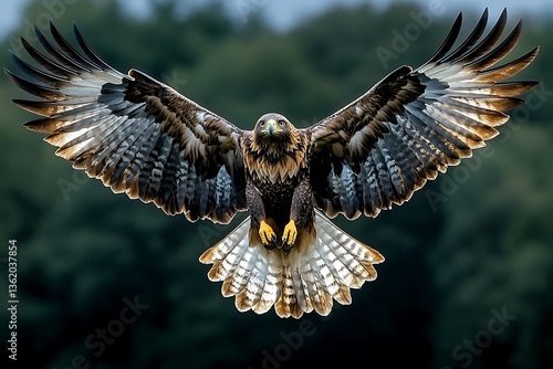 Majestic golden eagle gracefully flying with outstretched wings in flight