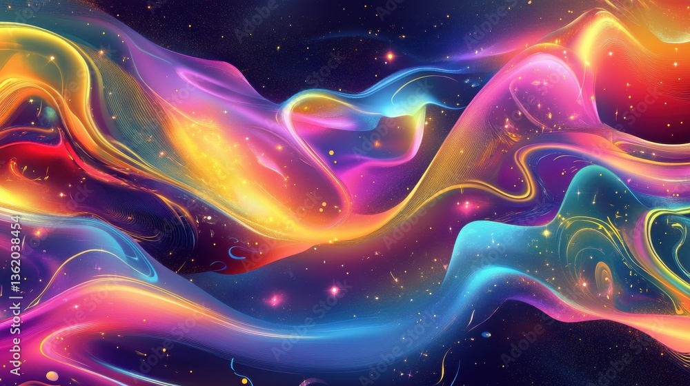 Fototapeta premium Abstract holographic background in neon and gold colors. Gradient, magic lights, stars illustration