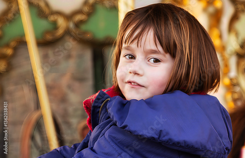 Portrait of a young child enjoying a carousel ride at a festive Christmas event, bundled in a warm jacket in France.
