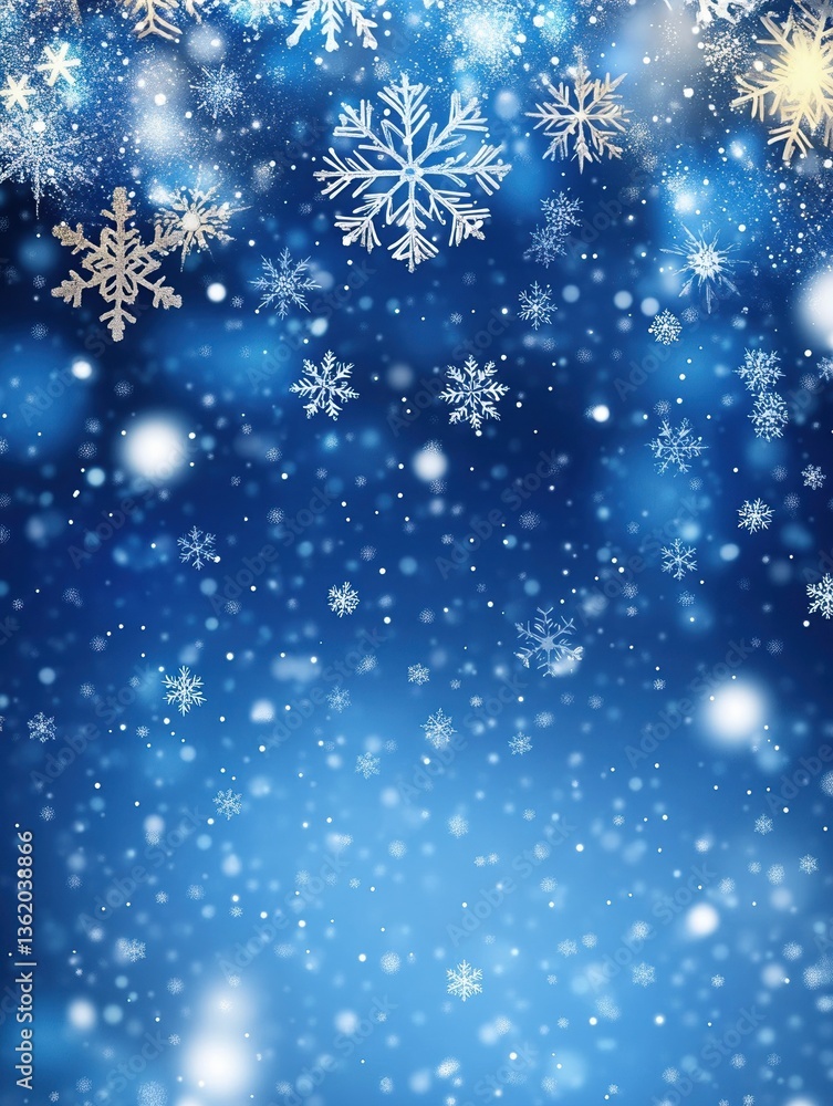 Fototapeta premium Abstract christmas background with falling snowflakes and sparkling stars on blue background with empty copy space for your text or product