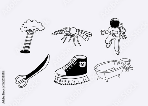 A collection of whimsical black-and-white doodles merging everyday objects with creative and unexpected elements