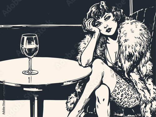 Vector illustration in retro art deco style featuring an elegant woman in a feather boa relaxing at a table with a wine glass. Black and white artwork 