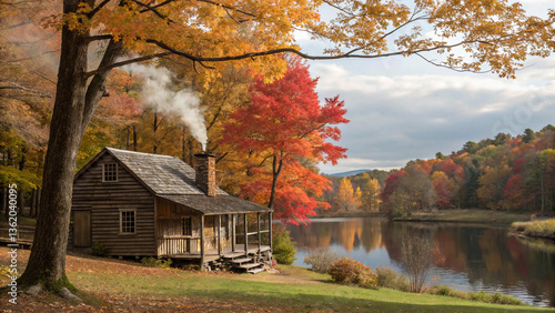 Rustic Cabin Nestled Among Autumnal Trees by a Still Lake © Brohi