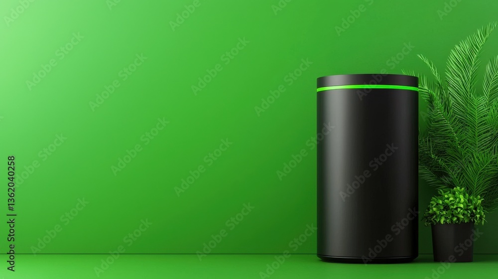 Fototapeta premium A sleek black trash can with a vibrant green accent sits beside decorative plants, creating a modern and eco-friendly indoor environment.