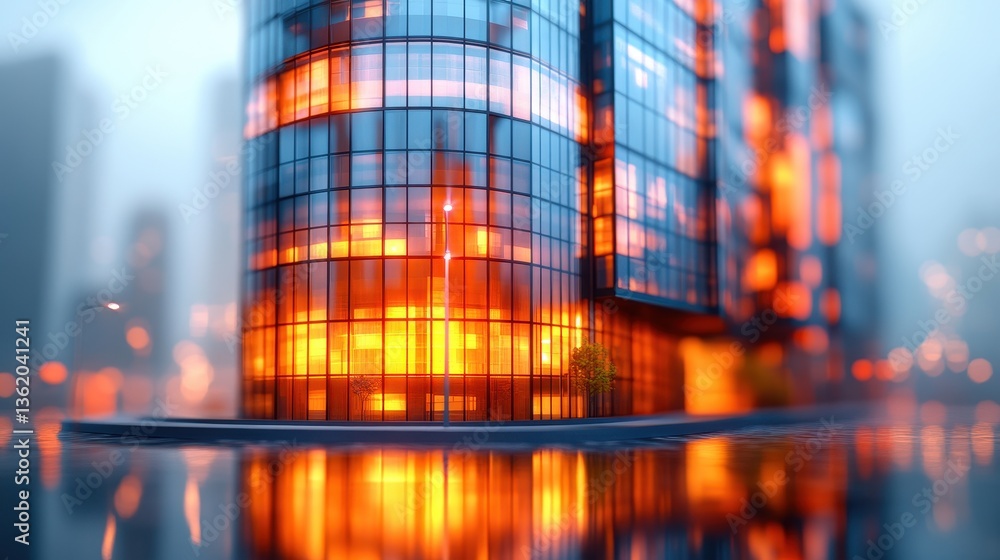 Obraz premium Modern Glass Skyscraper at Night Reflecting in City Water