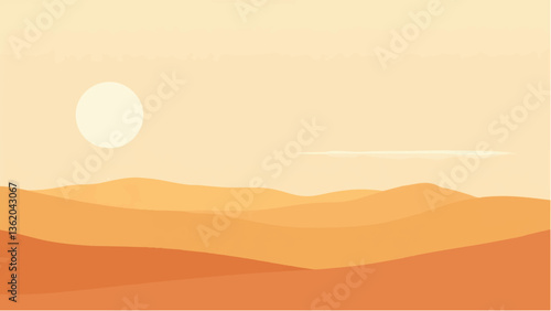 Desert landscape. Desert and sunset sky. Sand desert landscape with heat sun and dune. Vector illustration.