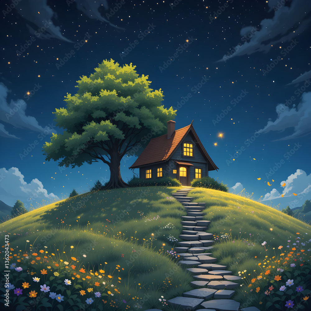 Fototapeta premium ​Cozy House on Grassy Hill Under Starry Night – Magical and Serene Landscape Art
