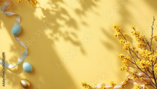 Yellow Easter background with eggs and spring flowers arranged as a frame