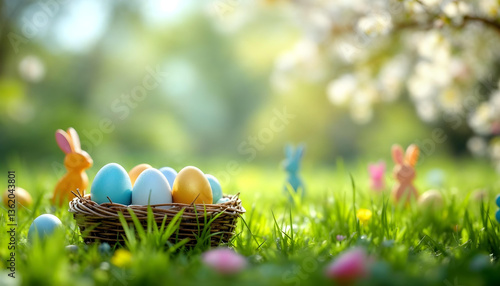 Colored or decorated Easter eggs in the basket and Easter Bunnies on the green grass under blooming spring bushes.