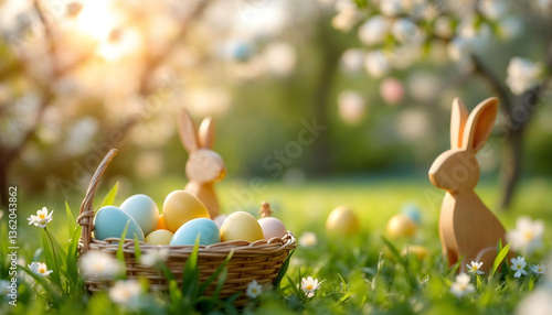 Colored or decorated Easter eggs in the basket and Easter Bunnies on the green grass under blooming spring bushes.