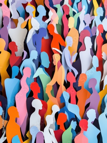 A vibrant array of paper-cut human figures closely packed, symbolizing cultural diversity and collective human spirit with an engaging mix of colors and shapes, blending into an artful pattern.