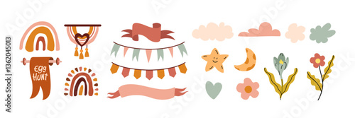 Simple Boho elements set. Clouds, flowers, flags and rainbow in pastel brown colors. Collection of decorative illustrations for children's room design, organization of celebrations and parties.