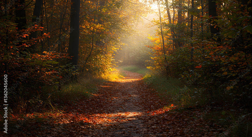 Fototapeta premium Autumnal Forest Path: Sunbeams Through Golden Leaves