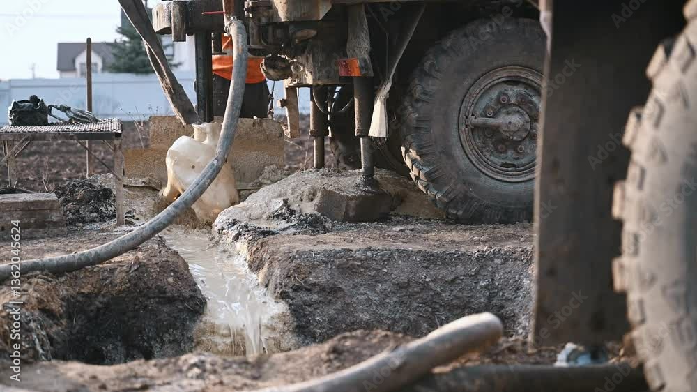 Rotary drill rig drilling water well borehole closeup shot Rotary drill rig drilling water well borehole closeup shot