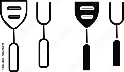 Barbecue spatula and fork outline icon for grilling, cooking utensils, and outdoor party with transparent background