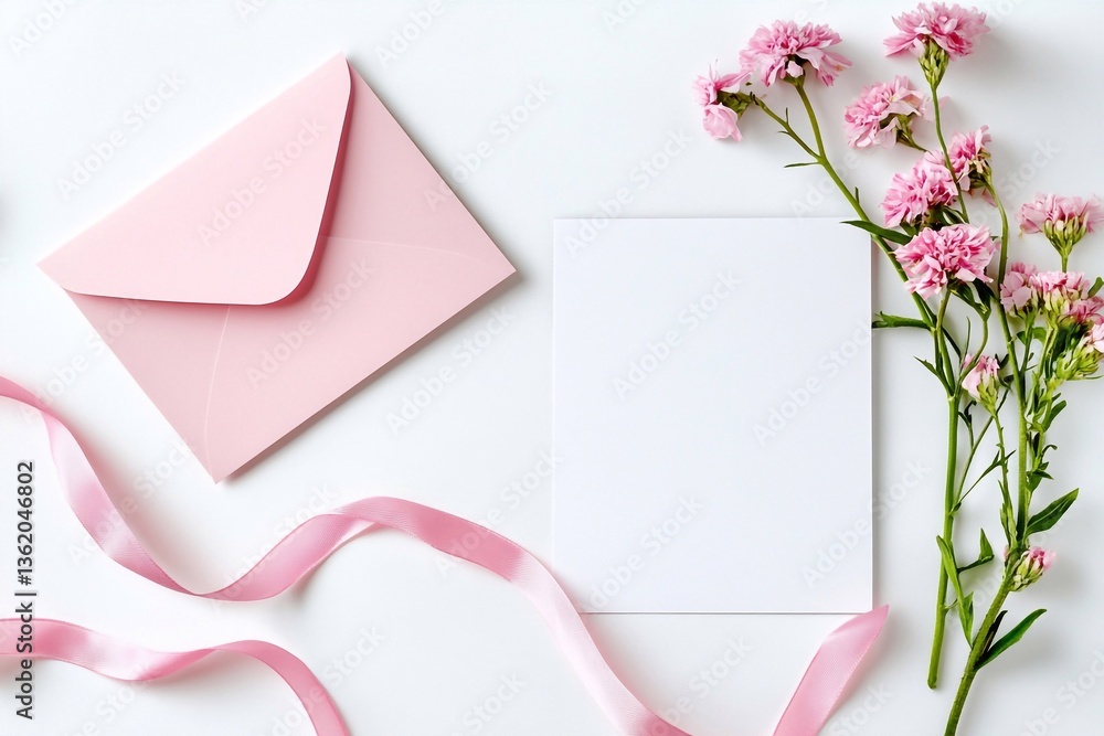 A white blank card and envelope, a pink ribbon on the right side of the card with flowers next to it, an open light-pink envelope on top
A white blank card and envelope, a pink ribbon on the right side of the card with flowers next to it, an open light-pink envelope on top