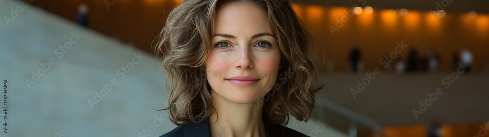 Obraz premium A portrait depicts a smiling woman with curly shoulderlength hair