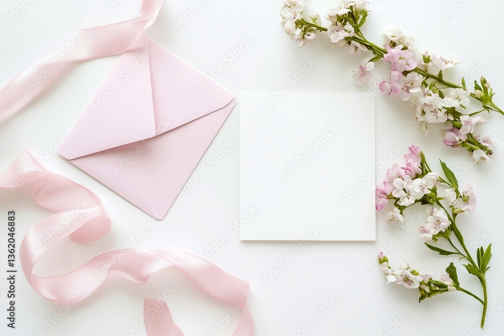 A white blank card and envelope, a pink ribbon on the right side of the card with flowers next to it, an open light-pink envelope on top
A white blank card and envelope, a pink ribbon on the right side of the card with flowers next to it, an open light-pink envelope on top