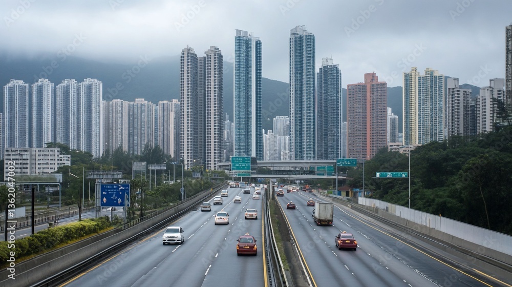 Urban artery, A highway's journey through a modern cityscape backdrop Urban artery, A highway's journey through a modern cityscape backdrop