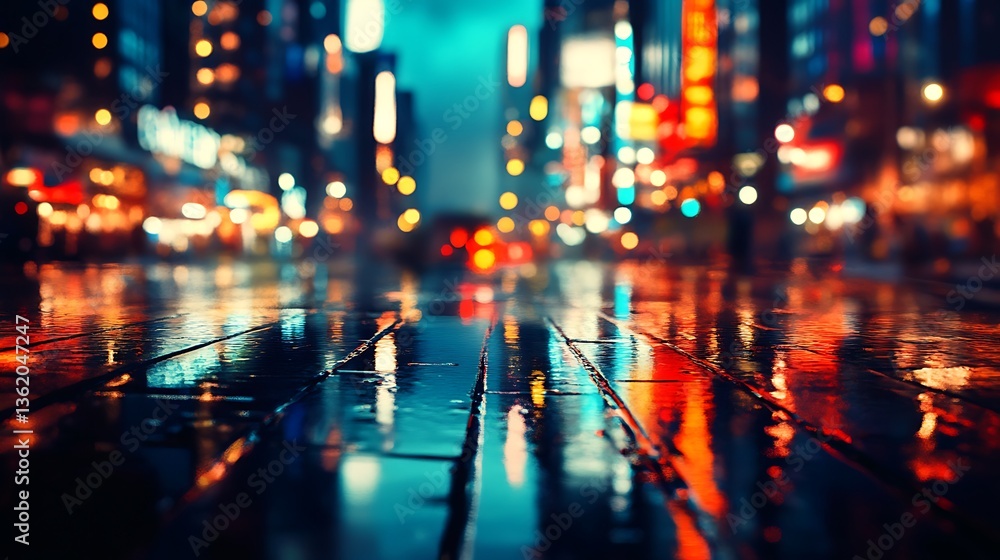 Illuminated cityscape reflection on a wet pavement at nighttime Illuminated cityscape reflection on a wet pavement at nighttime