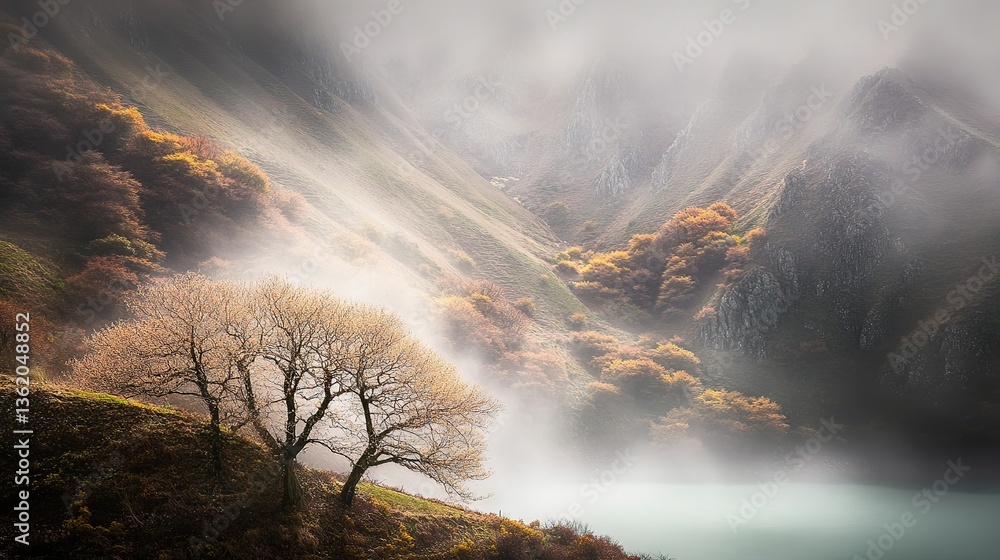 Fototapeta premium Misty autumn valley lake sunrise landscape photography
