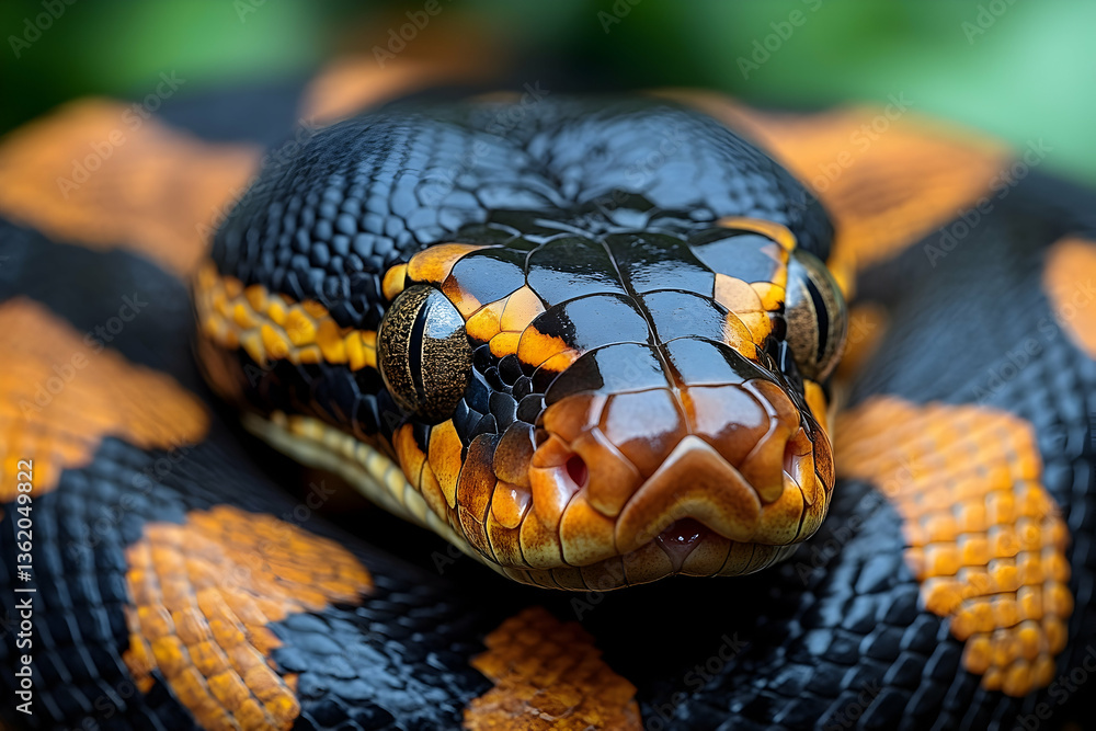 Obraz premium Beautiful black and orange snake coiled, looking forward, with detailed scales and bright colors