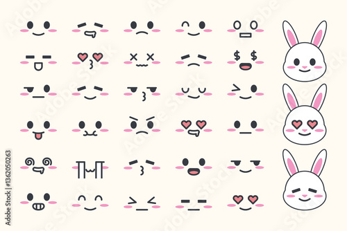 Adorable Kawaii Emoji Face Set. Cute Cartoon Expressions for Stickers and Digital Design