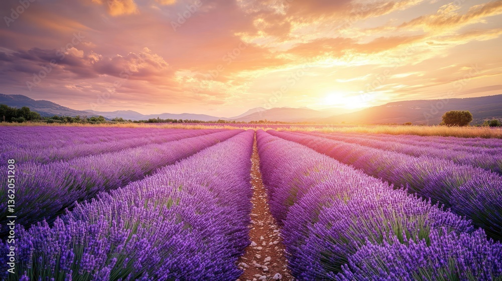 Obraz premium A serene lavender field bathed in the warm glow of the sunset in Provence France