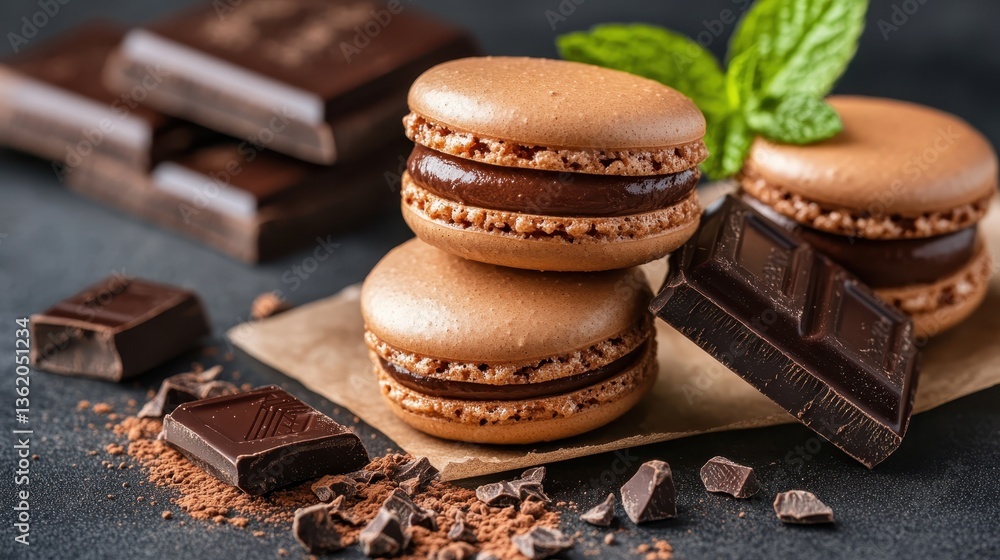 A captivating composition featuring chocolate macaroons elegantly paired with mint leaves, creating a delightful contrast and showcasing culinary artistry at its best. A captivating composition featuring chocolate macaroons elegantly paired with mint leaves, creating a delightful contrast and showcasing culinary artistry at its best.