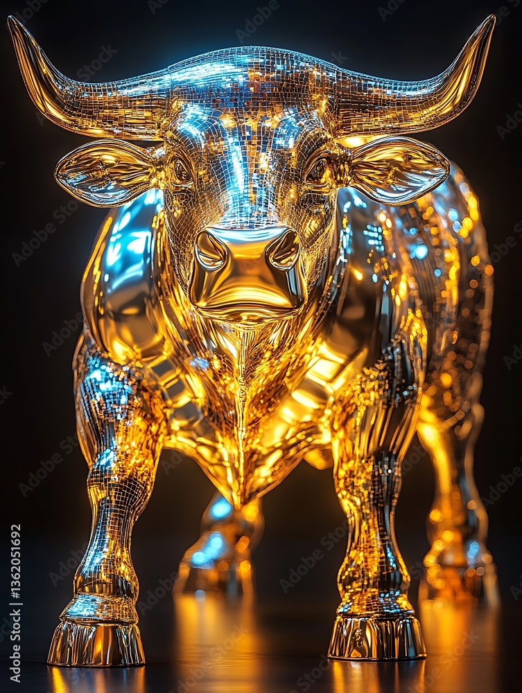 Obraz premium A detailed golden bull statue against a dark background is shown