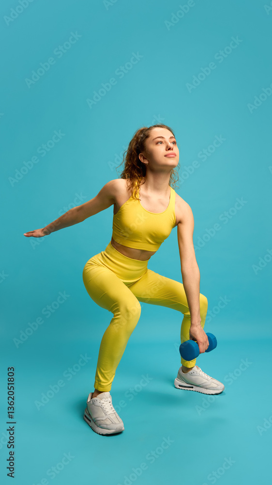 Fototapeta premium Determined woman in yellow outfit performing squat with dumbbell, maintaining form and focus. Concept of strength training, sport, athletic, energy, workout flow and body conditioning.