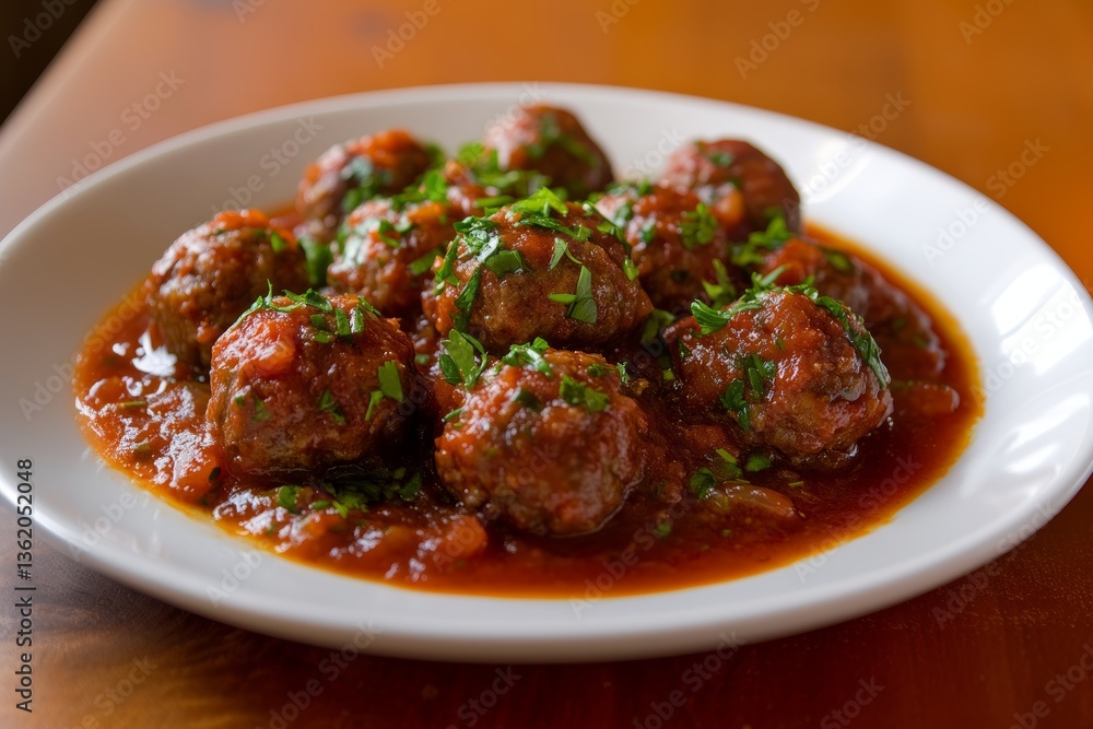 Close-up shot of albondigas covered in rich red tomato sauce on white plate. Concept of vibrant dish showcasing albondigas, traditional Spanish meatballs, on rustic wooden table. Close-up shot of albondigas covered in rich red tomato sauce on white plate. Concept of vibrant dish showcasing albondigas, traditional Spanish meatballs, on rustic wooden table.