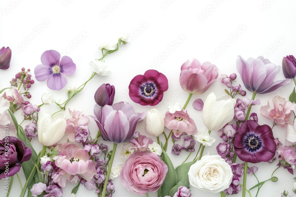 Assortment of purple pink and white flowers arranged on a white background creating a floral border look Assortment of purple pink and white flowers arranged on a white background creating a floral border look