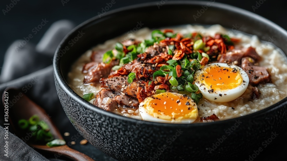 A hearty rice bowl topped with soft boiled eggs, tender meat, and a rich variety of toppings, presenting a delicious fusion of flavors and textures to delight food enthusiasts. A hearty rice bowl topped with soft boiled eggs, tender meat, and a rich variety of toppings, presenting a delicious fusion of flavors and textures to delight food enthusiasts.