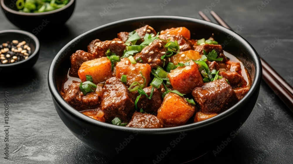 A captivating bowl of beef chunks bathed in rich sauce accompanied by bright vegetables, offering a vibrant display of colors and comforting flavors in each bite. A captivating bowl of beef chunks bathed in rich sauce accompanied by bright vegetables, offering a vibrant display of colors and comforting flavors in each bite.