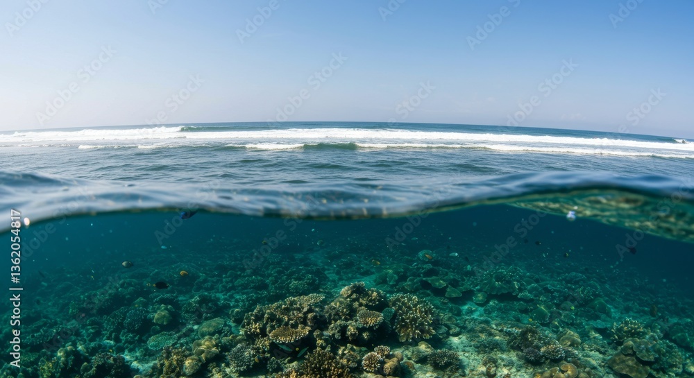 Split perspective shows the surface of the ocean and the reef below Split perspective shows the surface of the ocean and the reef below