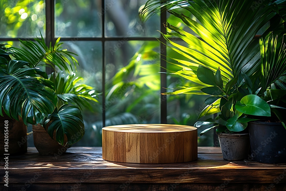 Wooden Platform Surrounded by Lush Tropical Leaves Wooden Platform Surrounded by Lush Tropical Leaves