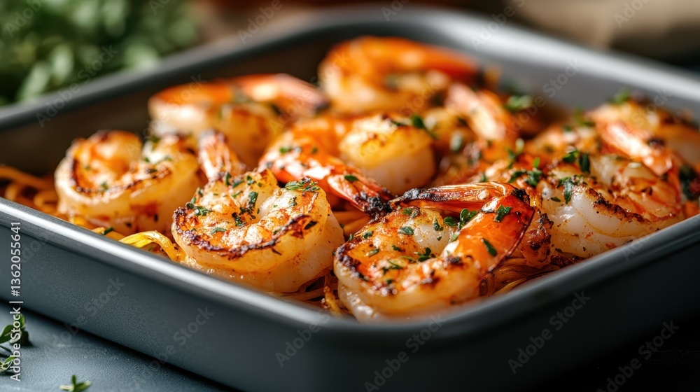 Grilled shrimp plated elegantly with noodles, radiating a warm glow, and highlighting a delightful mix of texture and flavor that appeals to food lovers. Grilled shrimp plated elegantly with noodles, radiating a warm glow, and highlighting a delightful mix of texture and flavor that appeals to food lovers.