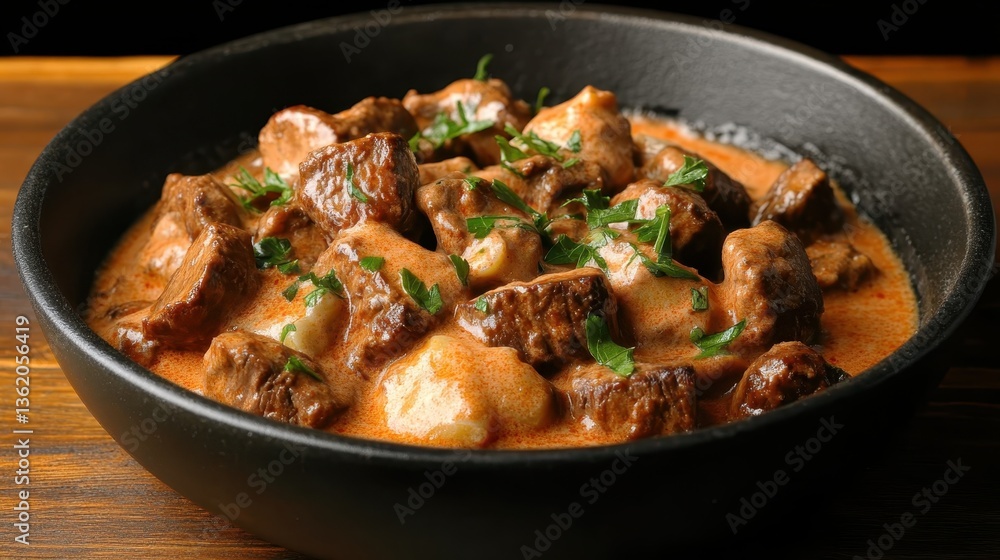 A rich and savory beef stew simmered to perfection in a creamy sauce, garnished with fresh herbs, creating a hearty and satisfying meal ideal for cozy gatherings. A rich and savory beef stew simmered to perfection in a creamy sauce, garnished with fresh herbs, creating a hearty and satisfying meal ideal for cozy gatherings.