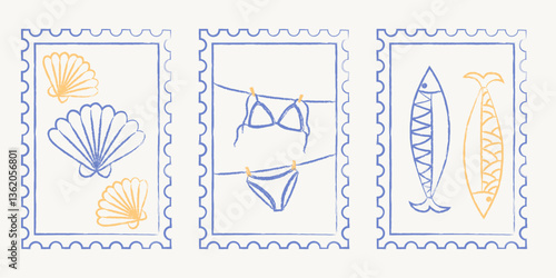 Set of Summer postal stamps with seashells, swimwear and sardines