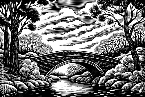 Fantastic Autumn Landscape with rocky bridge and river black and  white hand drawn sketch