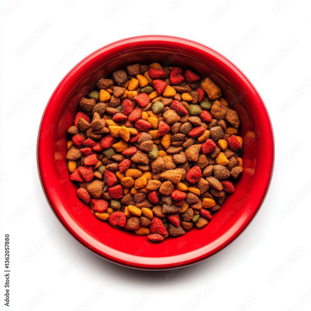Dry cat food in a red bowl, isolated on white background Dry cat food in a red bowl, isolated on white background