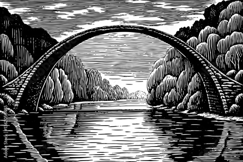 Fantastic Autumn Landscape with rocky bridge and river black and  white hand drawn sketch