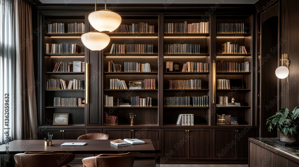 Fototapeta premium A luxury co-working library with built-in bookcases, dark wood finishes, elegant brass fixtures, a communal worktable, and soft diffused lighting